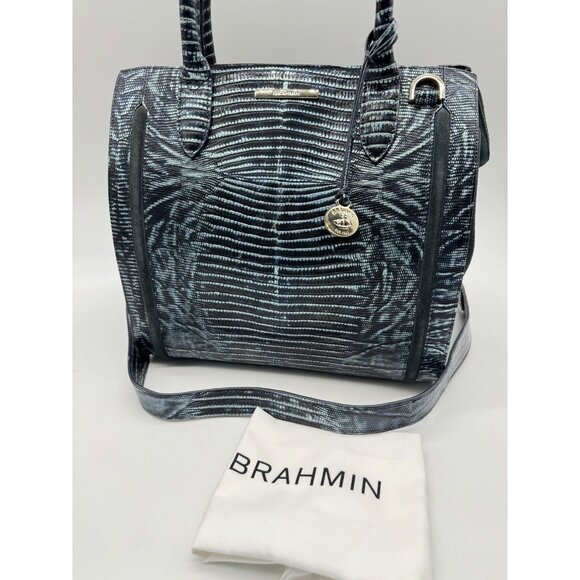 BRAHMIN Caroline croc embossed leather satchel crossbody + Dust bag - Slate Blue - Picture 12 of 14